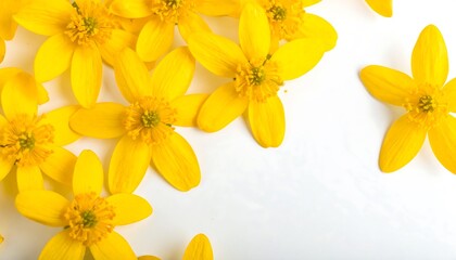 Obraz premium Bright yellow flowers, delicately arranged, create a cheerful and vibrant springtime scene against a pure white background.