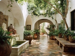A courtyard with a fountain and a bench. There are many potted plants and vases. A tree is in the middle of the courtyard