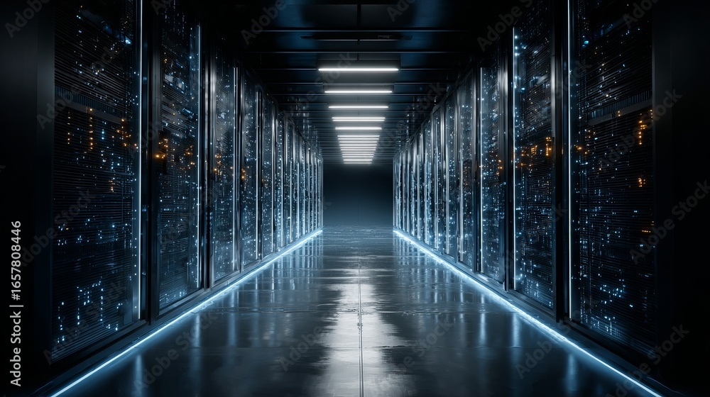 Poster explore a powerful data center with glowing servers, the backbone of modern technology and digital i