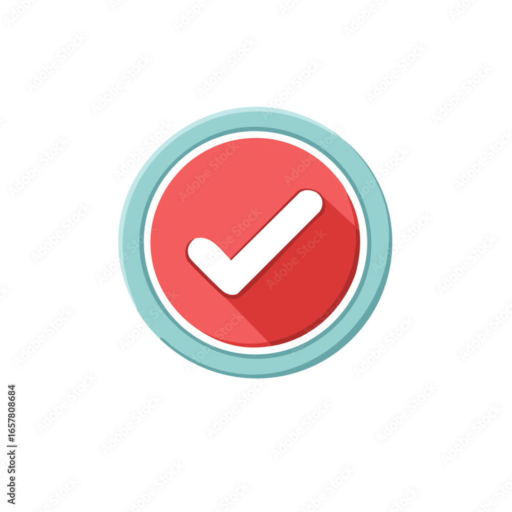 Poster red circular button with white check mark inside a blue bezel depicting success