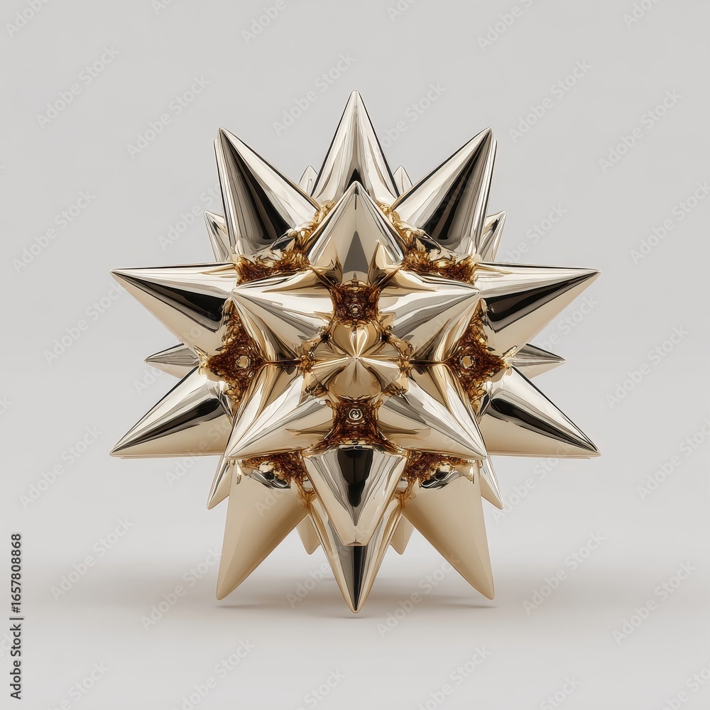 Poster golden abstract geometric shape with sharp points against a light gray background. 3d render.