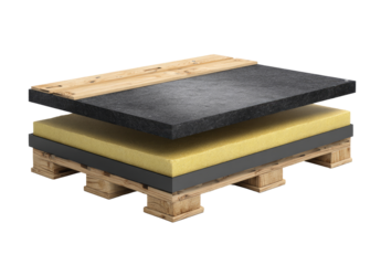 Cross-section of a roof insulation system on a wooden pallet.  Dark gray/black roofing material,  yellow insulation, and dark gray backing board are layered.  Wooden pallet supports the layers