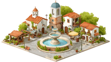 Village Square with Fountain background isolated on a Transparent background, PNG file.