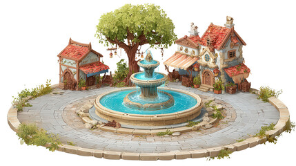 Village Square with Fountain background isolated on a Transparent background, PNG file.