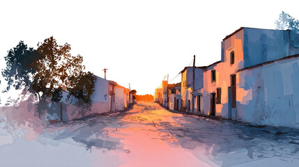 Village Street at Sunset background isolated on a Transparent background, PNG file.