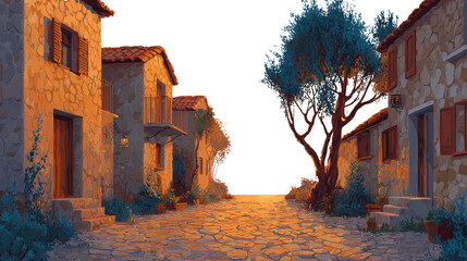 Village Street at Sunset background isolated on a Transparent background, PNG file.