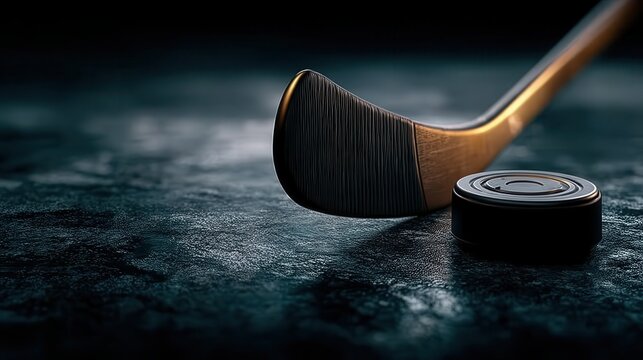 Close up of a hockey stick and puck on dark ice, dramatic lighting.
