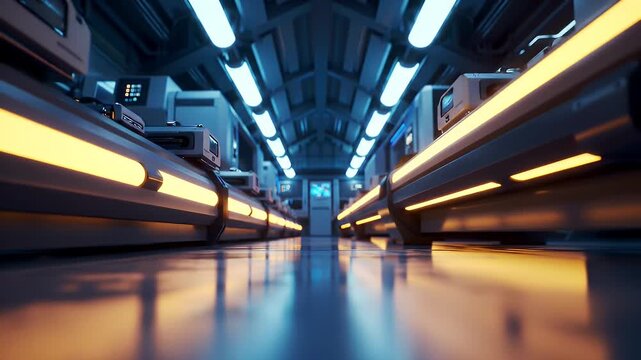 Futuristic Blue Corridor with Reflective Floor and Yellow Lights Computer Equipment