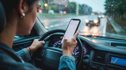 A woman is using a smartphone and texting while driving, irresponsible act of using a phone while operating a vehicle, used for campaigns about road safety and the dangers of technology distraction