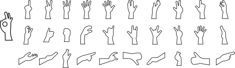 All hand gestures signs icons set in line styles. Collection of finger symbols and palm group. Thumbs up, pointing, peace, rock, ok, fist, stop, open hand, and handshake vector illustration.
