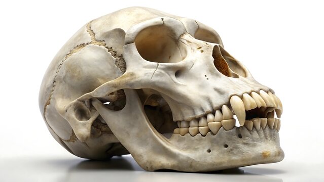 Monkey skull isolated on white background, showing teeth and bone structure