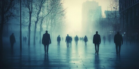 Eerie Urban Procession: Silhouetted Figures in Foggy Cityscape, Moody Atmosphere