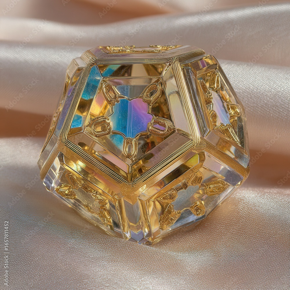 Poster geometric glass object with gold accents on a peach fabric background. iridescent colors shimmer wit
