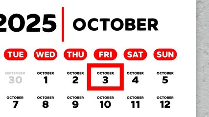 The date October 3rd marked with a red cursor on the wall calendar 2025