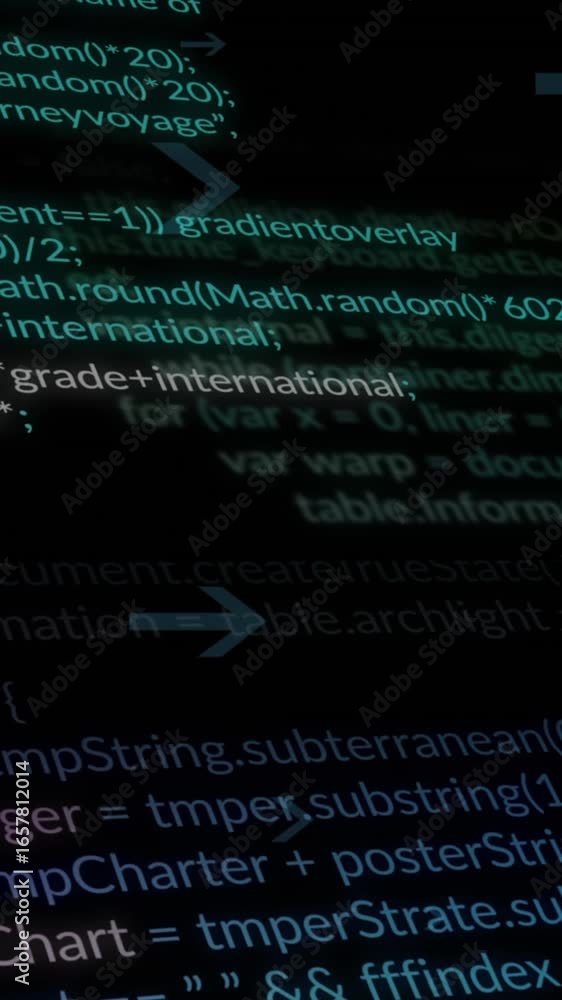 Poster animation of computer language over looping arrows against black background