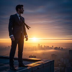 Fototapeta premium Confident Businessman in Suit Silhouetted Against a Vibrant Sunrise Cityscape