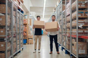 Asian young adult man and Caucasian young adult man carrying cardboard boxes through warehouse aisle, standing between metal shelves filled with packages, working together in logistics