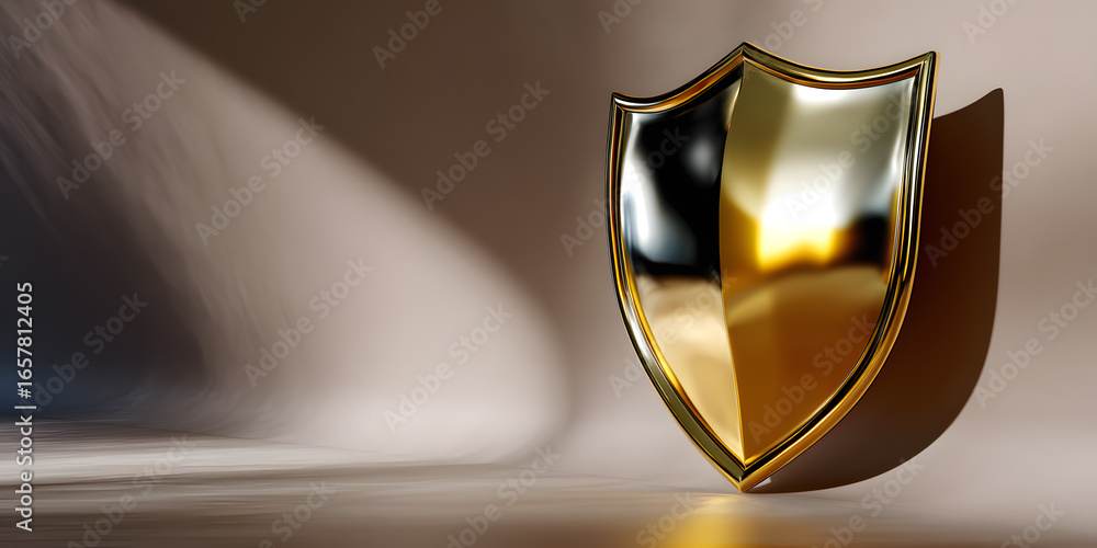 Poster golden shield with reflective surface on a soft background