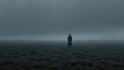A solitary figure stands in a misty field under a dark sky in a desolate landscape