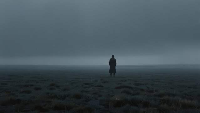 A solitary figure stands in a misty field under a dark sky in a desolate landscape - Powered by Adobe