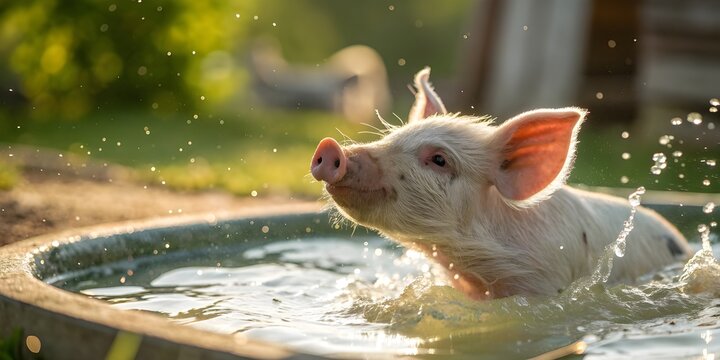 A cute piglet is enjoying a refreshing bath in a water trough on a farm
