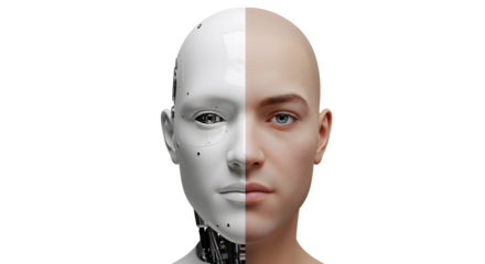 A striking visual of a human-robot hybrid face, symbolizing artificial intelligence and human connection. One half is a robotic face, the other is a human face