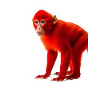 A vibrant red monkey with distinctive facial features, including a small nose and expressive eyes, is prominently displayed on a clean and stark white background