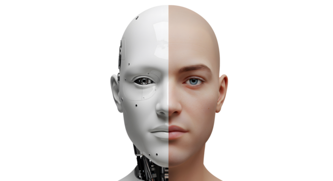 A striking visual of a human-robot hybrid face, symbolizing artificial intelligence and human connection. One half is a robotic face, the other is a human face