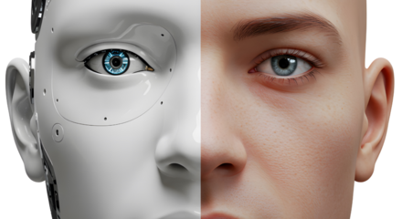 A split image representing the concepts of human and artificial intelligence, with a robotic face merging with a human face. A visual metaphor for AI