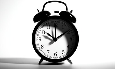 Classic black alarm clock showing ten o two on a white background