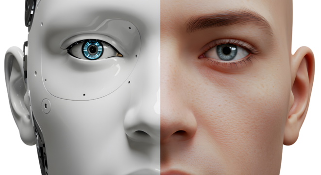 A split image representing the concepts of human and artificial intelligence, with a robotic face merging with a human face. A visual metaphor for AI