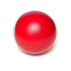 A vibrant red hard cricket ball with a slightly worn and textured surface, sitting prominently on a clean and pristine white background