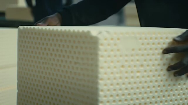 Close Up of Porous Cream Foam Block Being Arranged by Worker Hands in Factory
