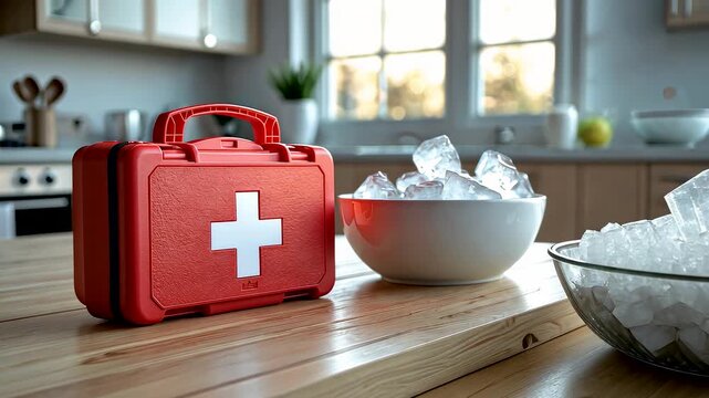 Red first aid kit with white cross placed beside bowl filled with ice cubes on wooden table inside modern kitchen