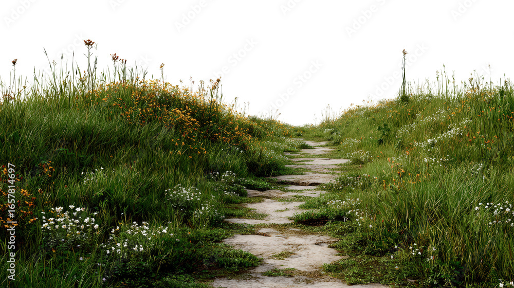Poster worn path in the meadow background isolated on a transparent background, png file.