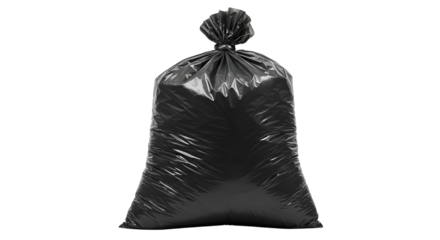 A full black garbage bag, tied and ready for disposal. It is a visual representation of waste and environmental responsibility