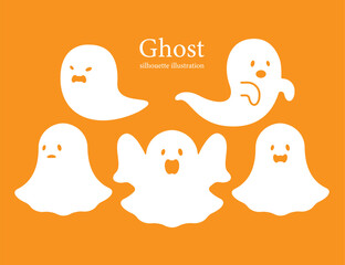 シンプルなオバケのイラスト素材セット 白 かわいい ハロウィン オレンジ