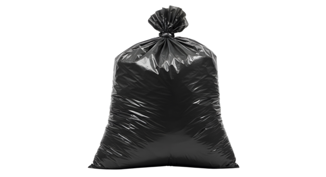 A full black garbage bag, tied and ready for disposal. It is a visual representation of waste and environmental responsibility