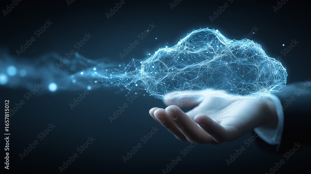 Poster abstract illustration of a digital cloud emerging from a hand representing technology and innovation