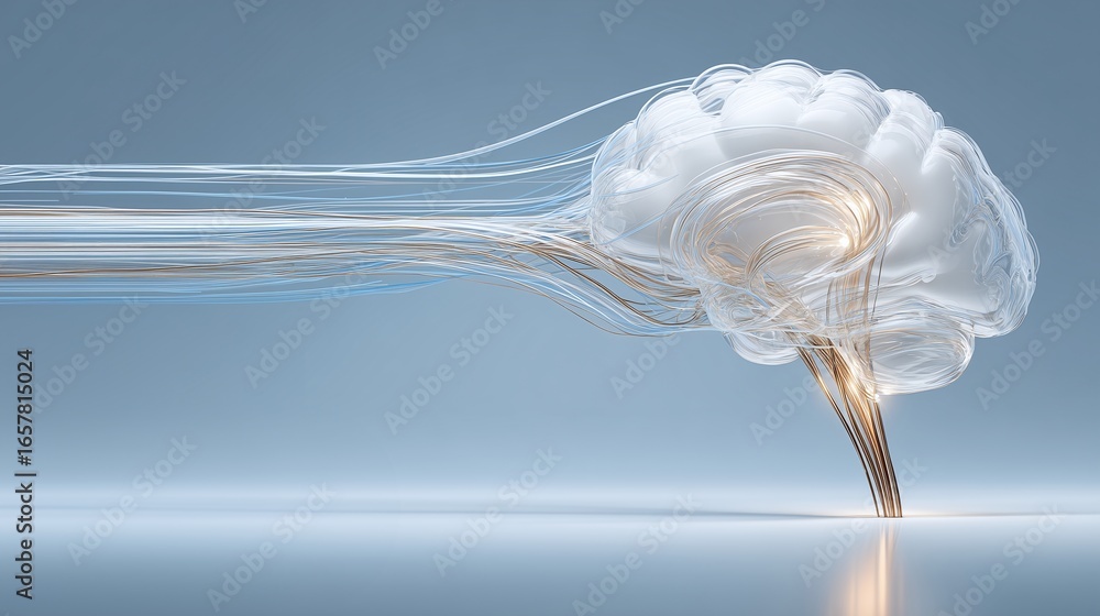 Poster abstract representation of an ai cloud brain with flowing lines and luminous elements on a soft grad