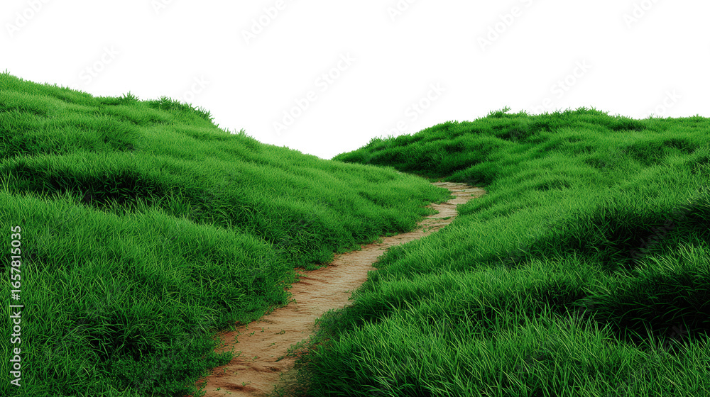 Poster worn path through green fields background isolated on a transparent background, png file.