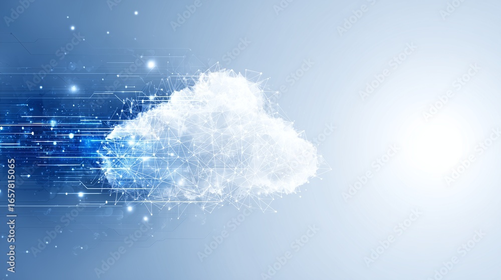 Poster futuristic cloud technology concept with data connections and digital elements on a soft blue backgr