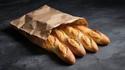 Golden-brown crusty baguettes spilling from a rustic brown paper bag on a dark slate background; fresh baked bread, bakery, food photography