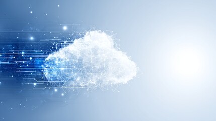 Futuristic Cloud Technology Concept with Data Connections and Digital Elements on a Soft Blue Background