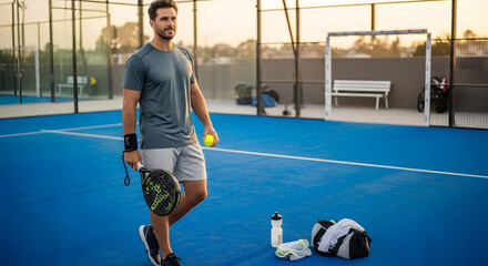 A male athlete stands ready on a vibrant blue padel court, holding his racket and ball, with sports gear nearby.
