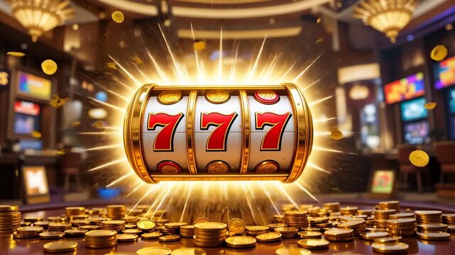 Close-up of spinning slot machine showing triple sevens with golden coins flying in motion blur. Concept of gambling and instant jackpot win