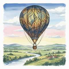 Colorful Hot Air Balloon Flying Over Landscape, Fantasy Sky Travel Adventure Vector Illustration