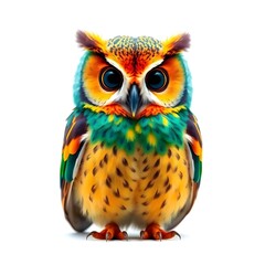 Obraz premium A vibrant multicolor owl with intricate feather patterns in shades of blue, green, yellow, and orange, perched on a clean and minimalist white background