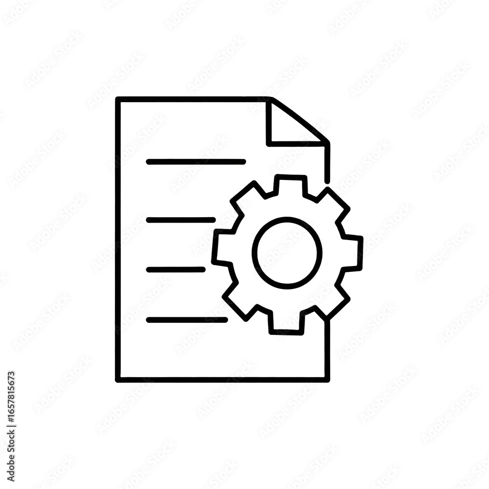 Poster a document icon with horizontal lines symbolizing text and a gear wheel attached, representing setti