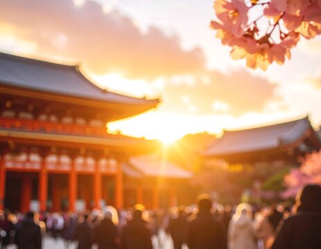 Golden Sunset Over Japanese Temple Complex with Cherry Blossoms and Crowd.